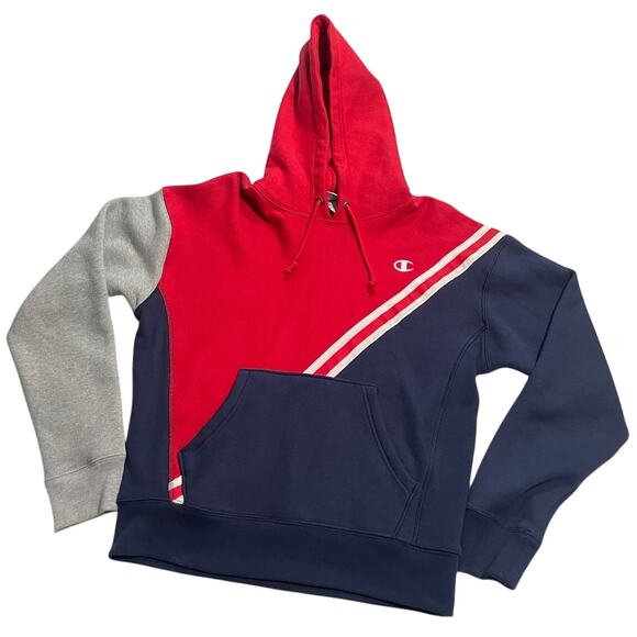 Champion Reverse Weave Hoodie Sweatshirt Womens Medium Red Blue Gray Colorblock - Picture 1 of 7